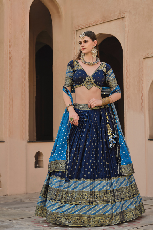 Blue Printed Silk Readymade Lehenga Choli