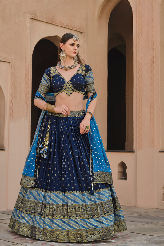 Navy Blue Printed Silk Readymade Lehenga Choli - LaVante Fashion