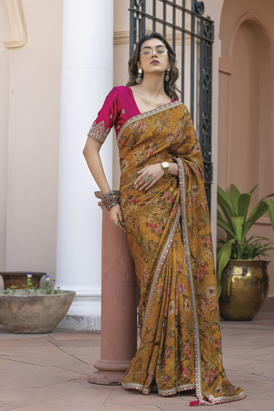 Pure Viscose Dola Silk Saree with Floral Print - LaVante Fashion