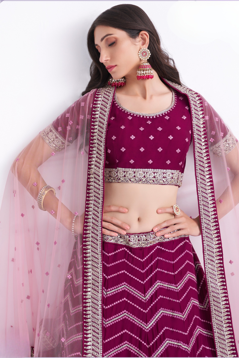 Magenta Silky Georgette Bridal Lehenga With Bandhani Style