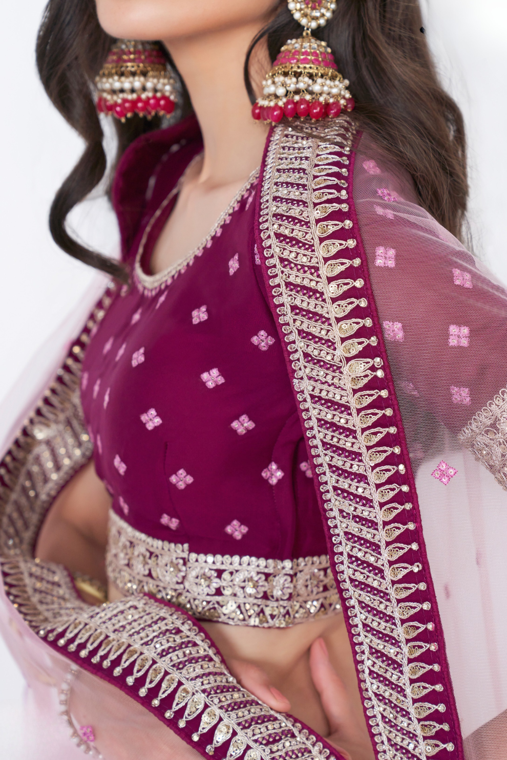 Magenta Silky Georgette Bridal Lehenga With Bandhani Style