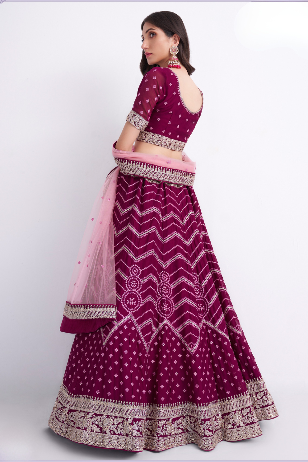 Magenta Silky Georgette Bridal Lehenga With Bandhani Style
