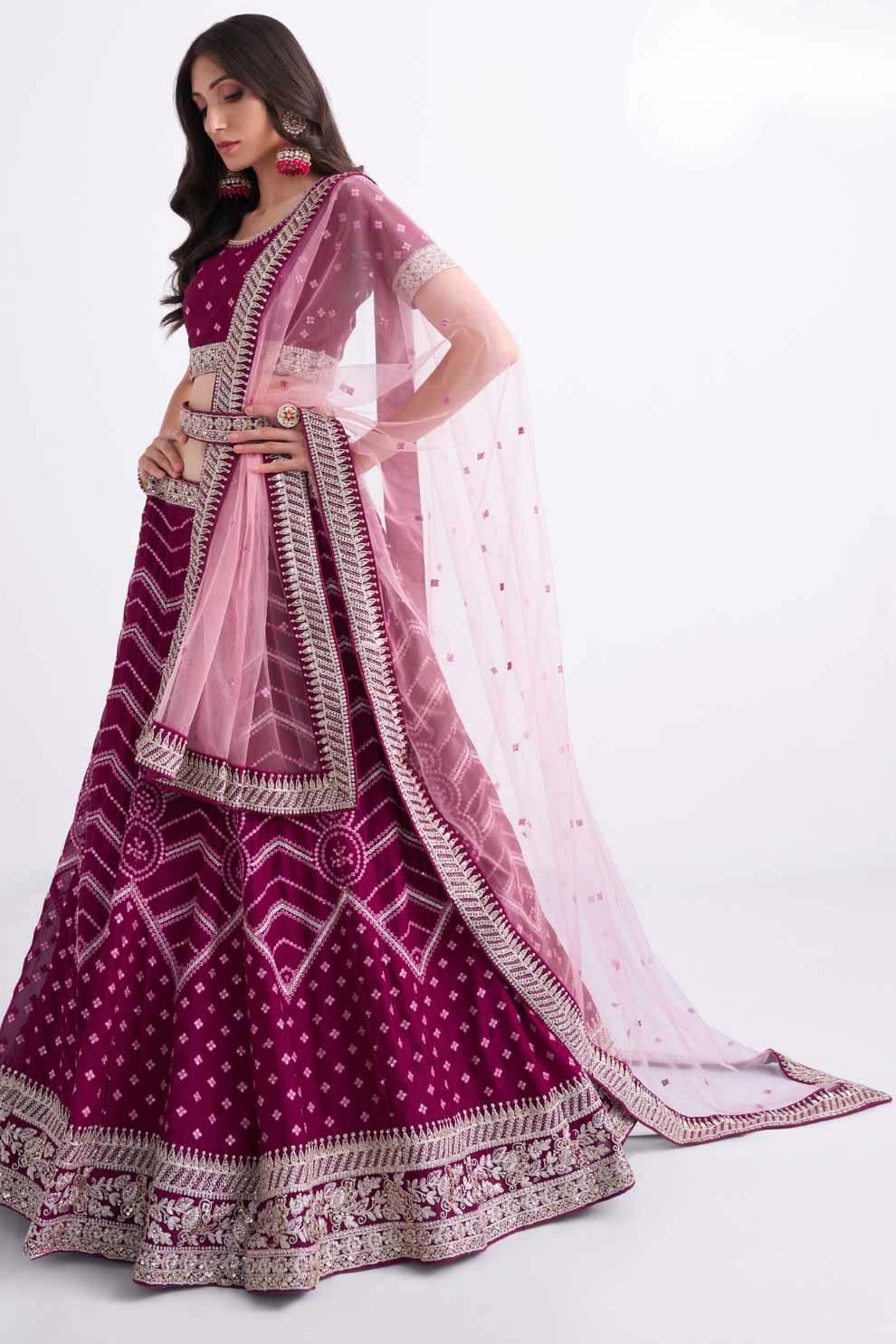 Magenta Silky Georgette Bridal Lehenga With Bandhani Style