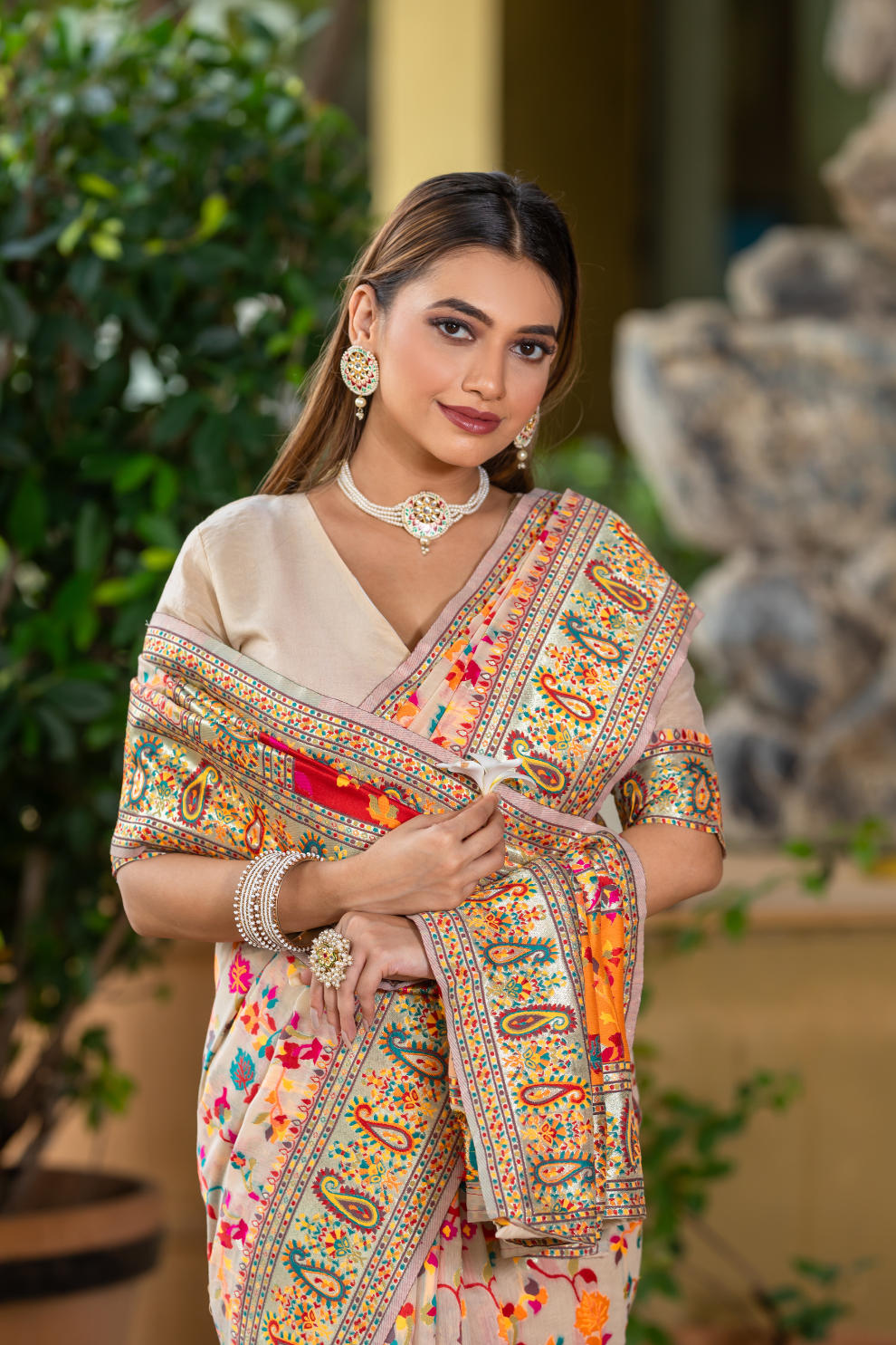 Premium Floral Banarasi Saree with Pashmina Silk Look