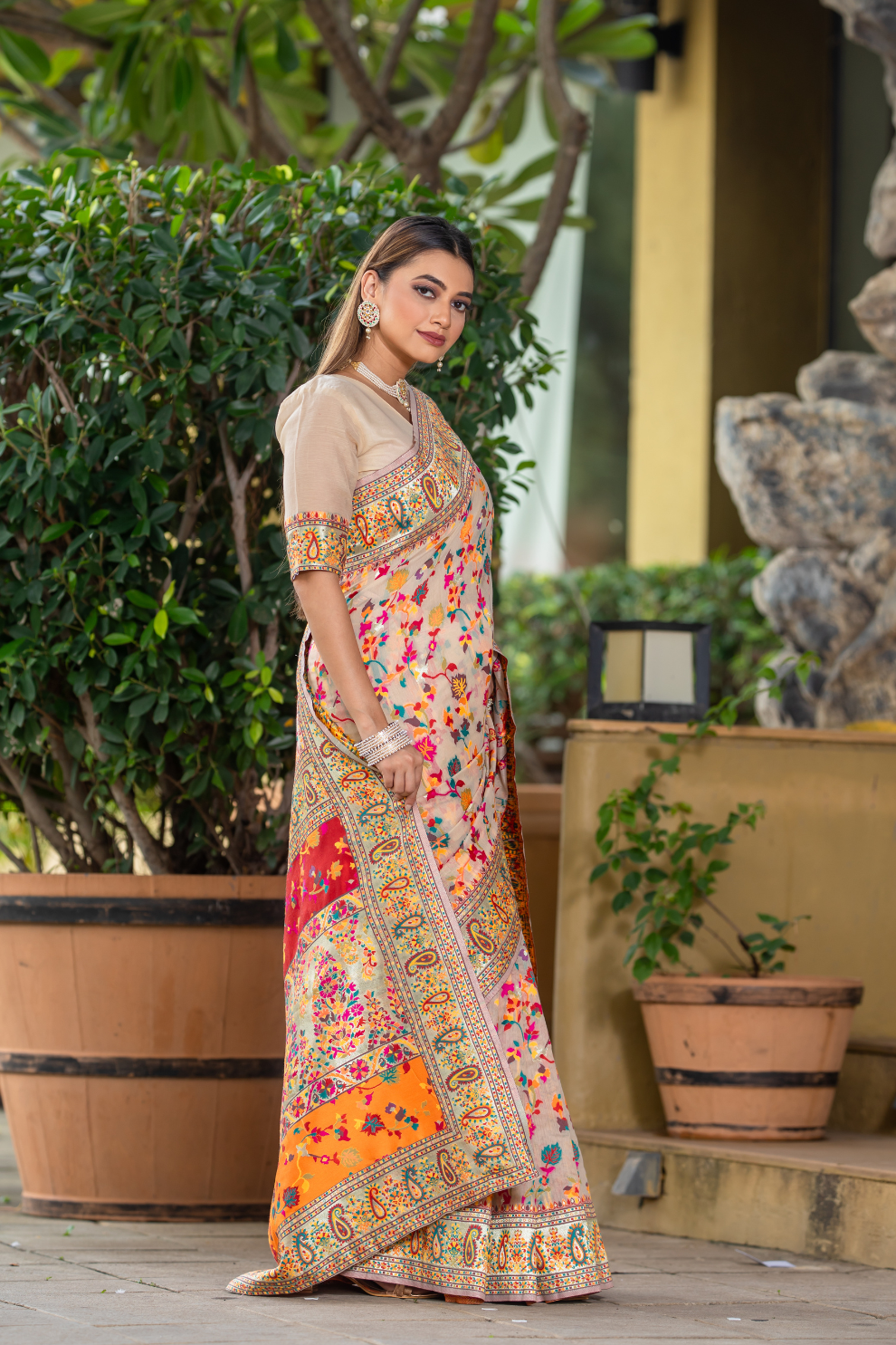 Premium Floral Banarasi Saree with Pashmina Silk Look