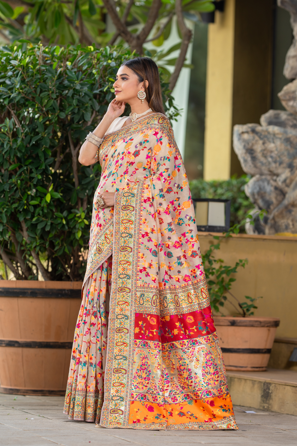 Premium Floral Banarasi Saree with Pashmina Silk Look