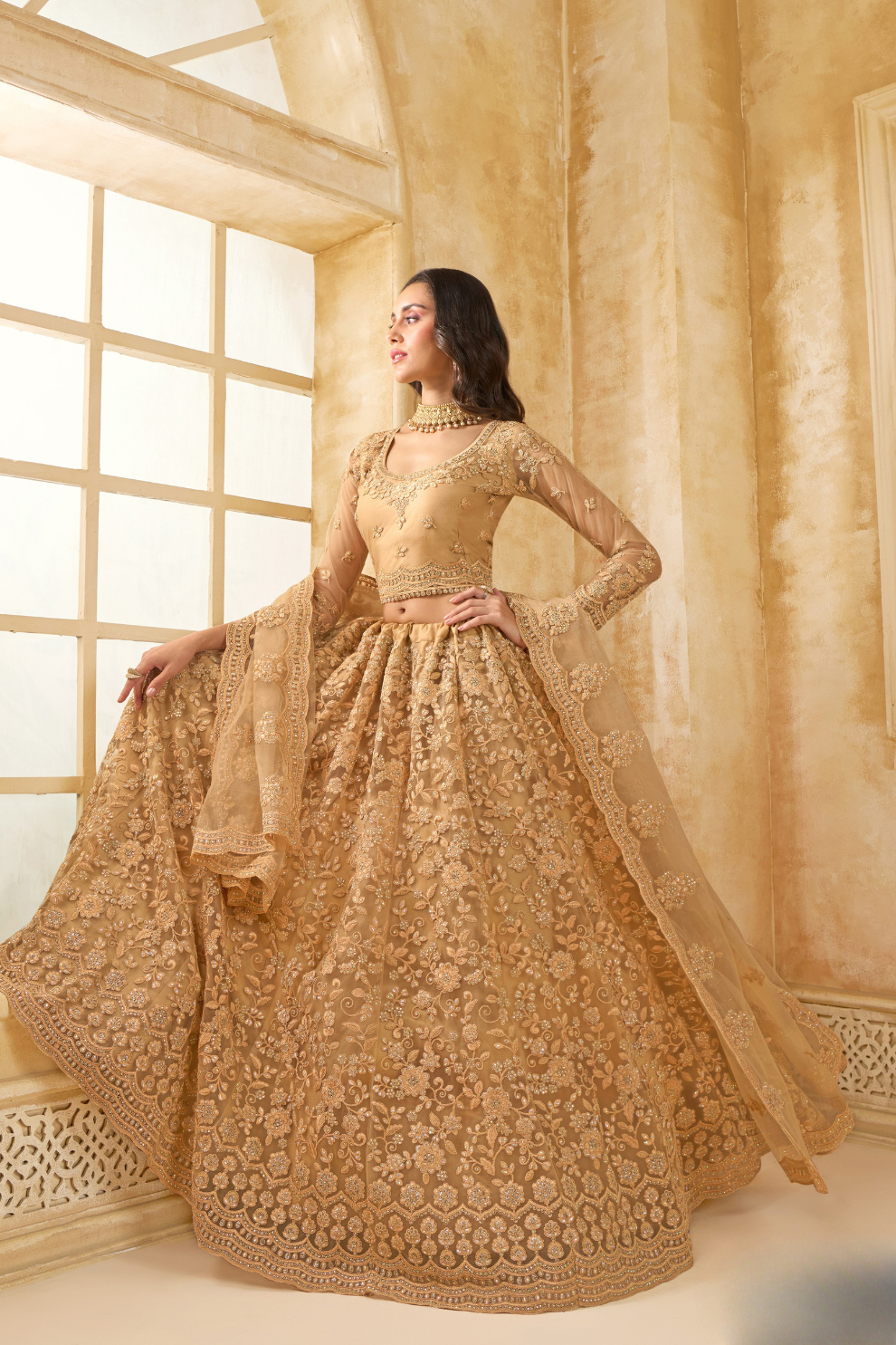 Golden Net Lehenga Choli With Thread Embroidery
