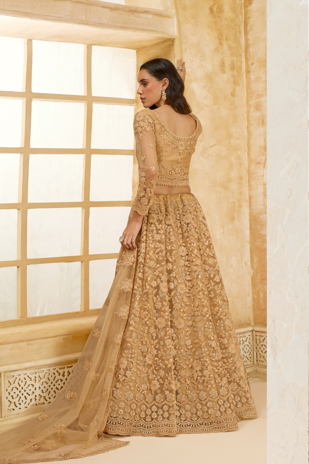 Golden Net Lehenga Choli With Thread Embroidery