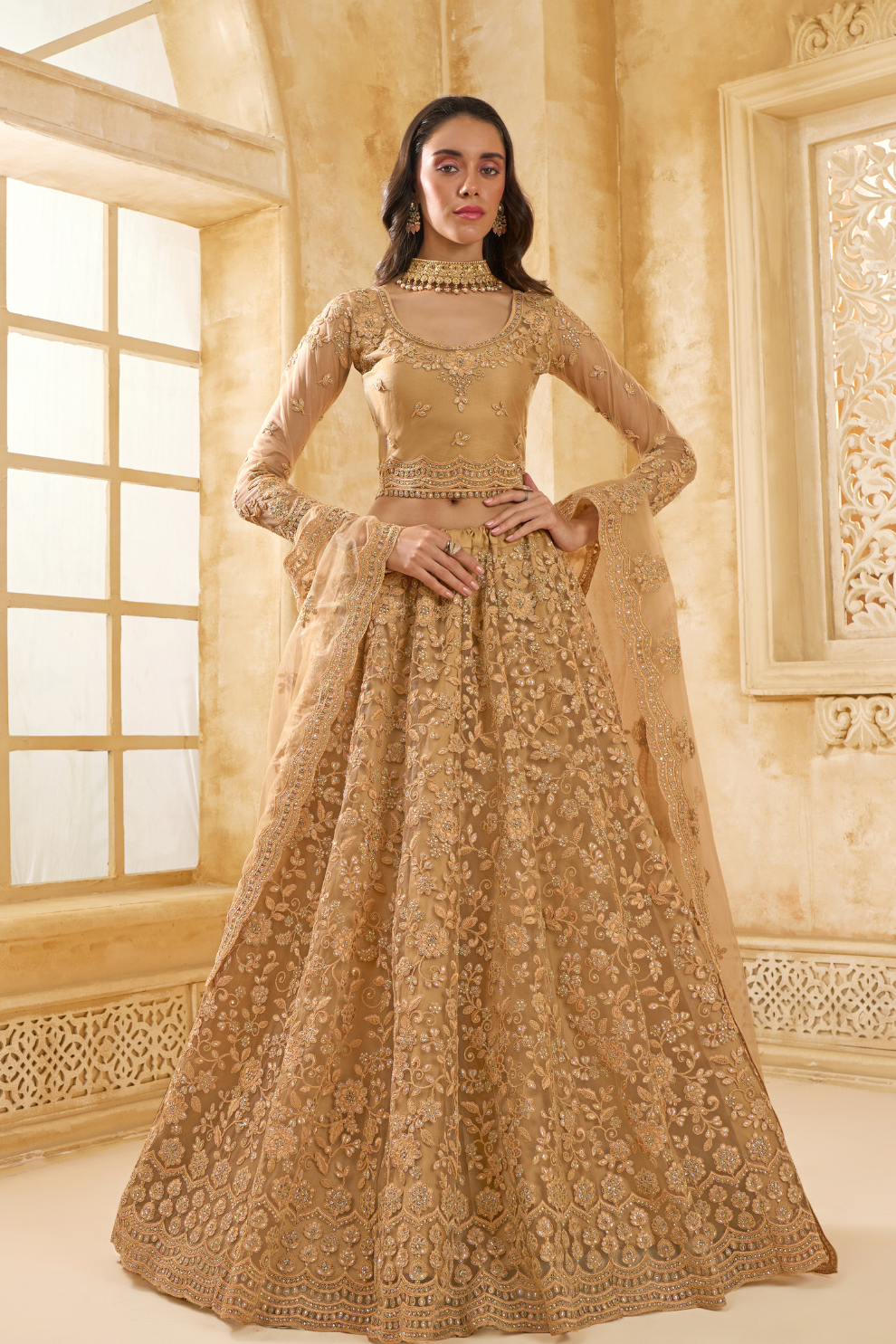 Golden Net Lehenga Choli With Thread Embroidery
