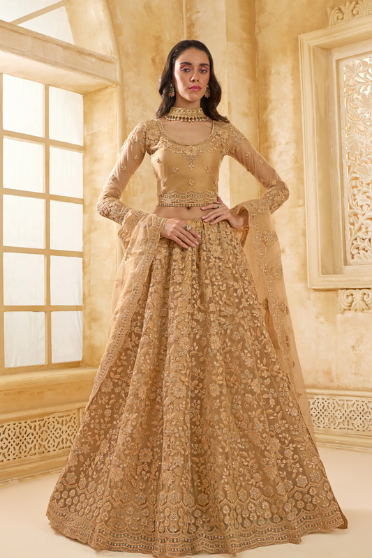 Golden Net Lehenga Choli With Thread Embroidery