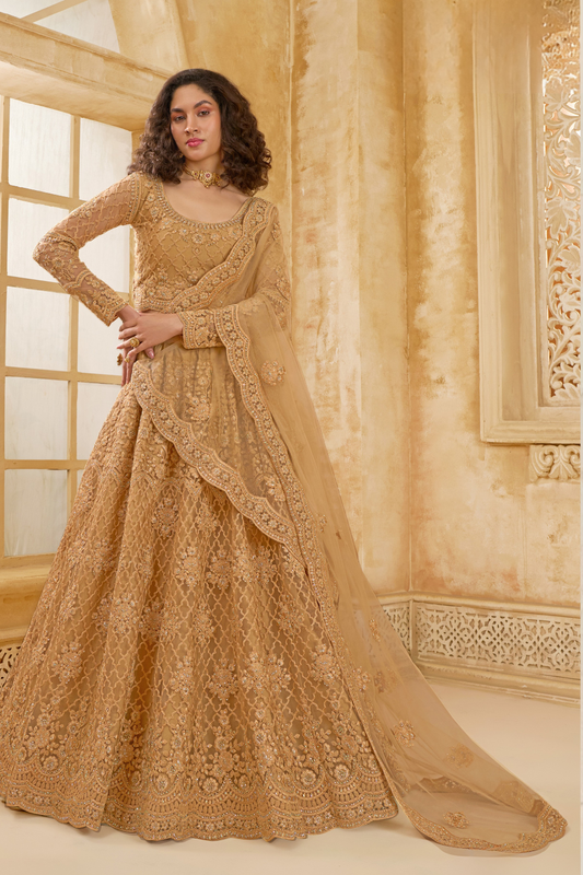 Golden Heavy Embroidered Net Lehenga Choli With Dupatta
