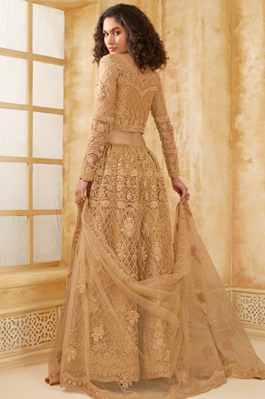 Golden Heavy Embroidered Net Lehenga Choli With Dupatta