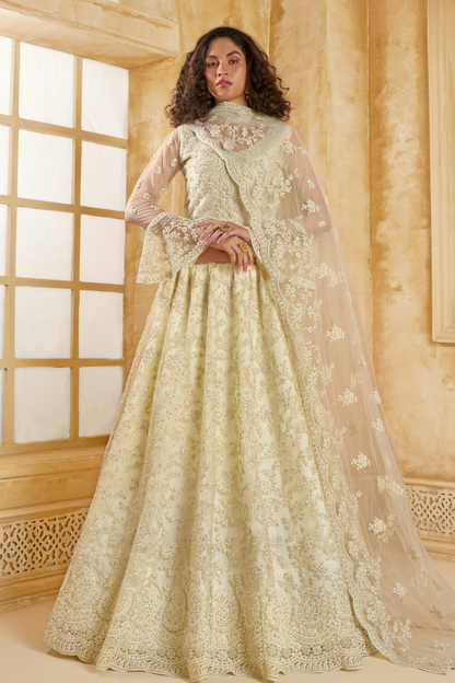 Graceful Cream Net Lehenga Choli For Weddings And Parties