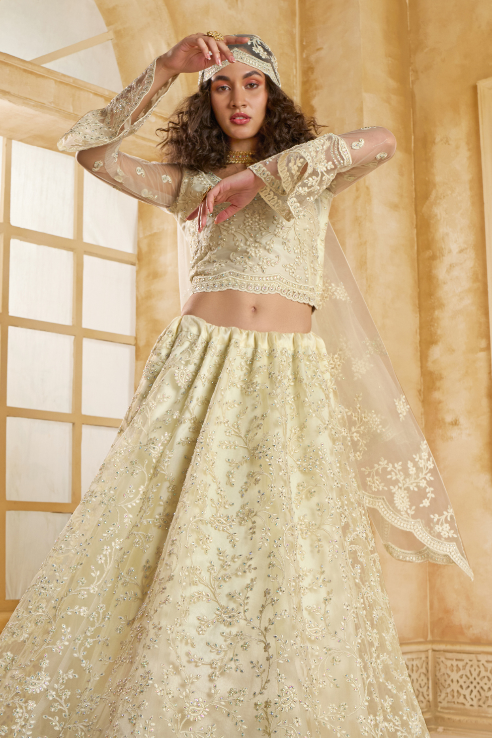 Graceful Cream Net Lehenga Choli For Weddings And Parties