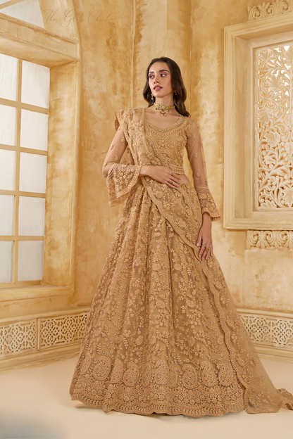 Golden Heavy Embroidered Net Lehenga Choli With Dupatta