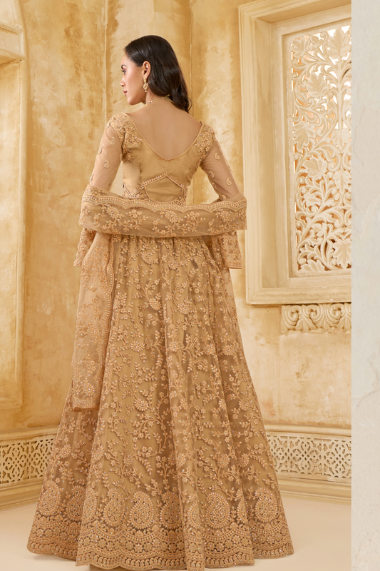 Golden Heavy Embroidered Net Lehenga Choli With Dupatta