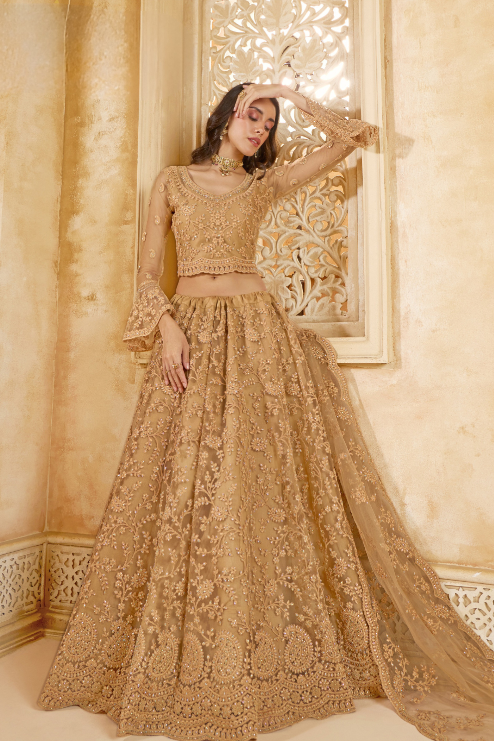 Golden Heavy Embroidered Net Lehenga Choli With Dupatta