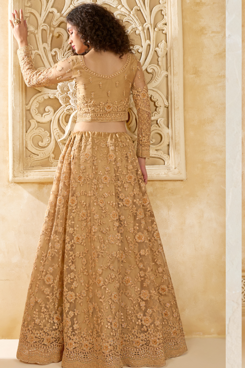 Festive Golden Lehenga Choli Set With Heavy Threadwork