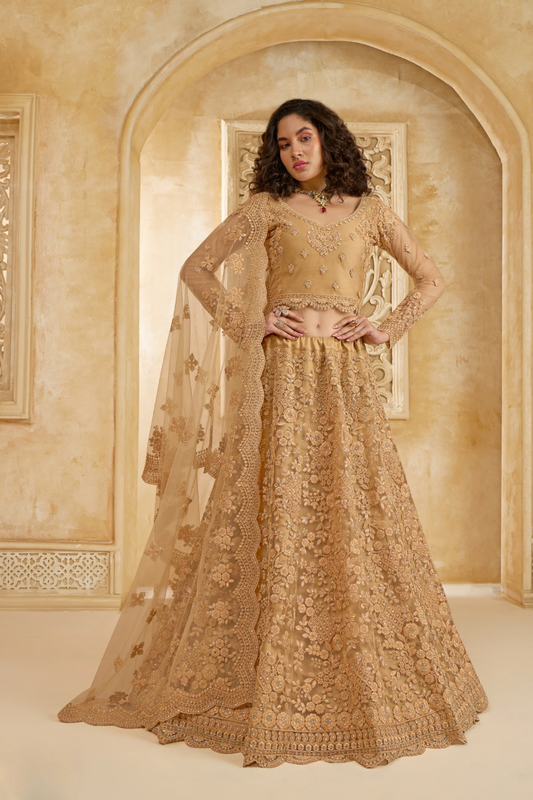 Golden Bridal Lehenga Choli With Rich Stone And Thread Work
