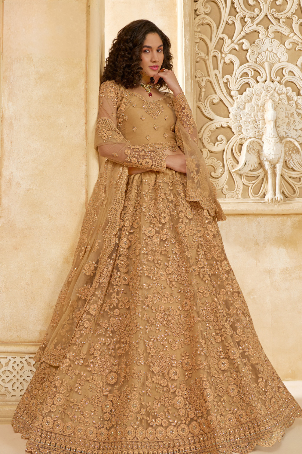 Golden Bridal Lehenga Choli With Rich Stone And Thread Work