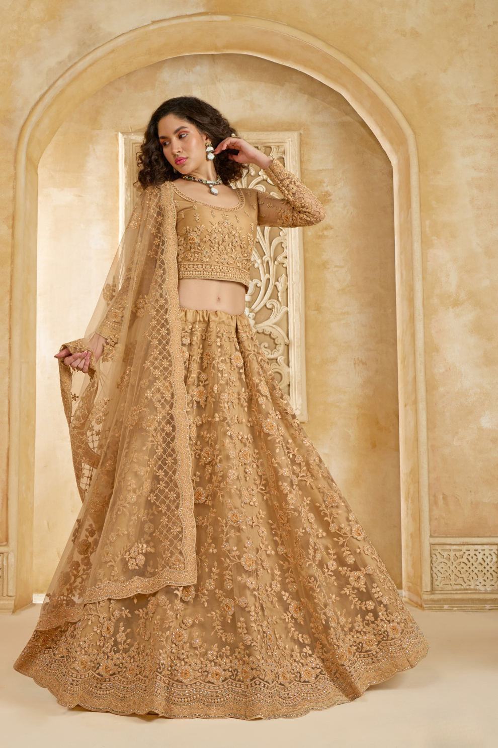 Festive Golden Lehenga Choli Set With Heavy Threadwork
