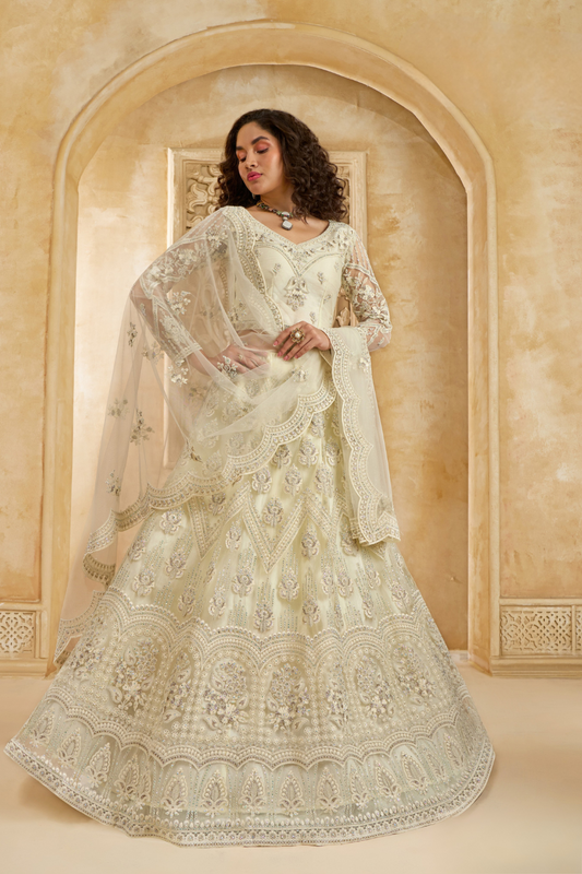 Elegant Beige Embroidered Designer Bridal Lehenga Choli