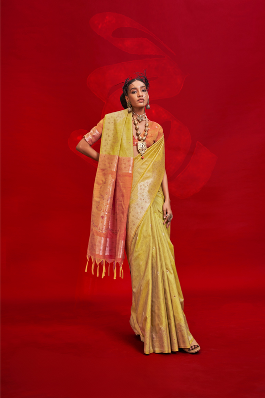 Tussar Silk Handloom Saree with Contrast Ikkat Pallu & Blouse