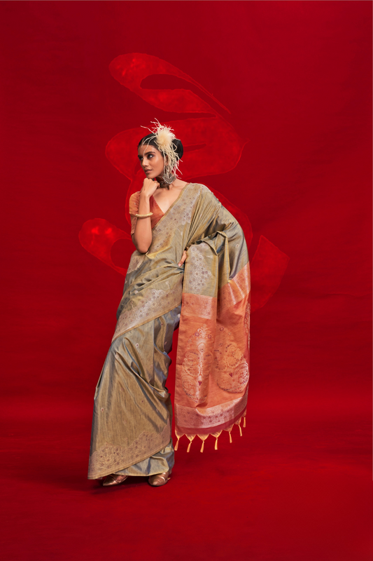 Tussar Silk Handloom Saree with Contrast Ikkat Pallu & Blouse