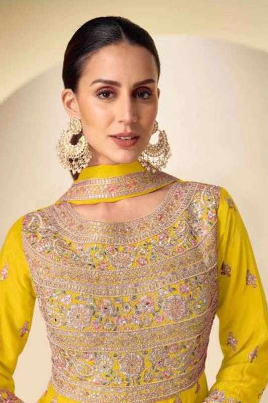 Yellow Real Chinnon Embroidered Silk Anarkali Suit