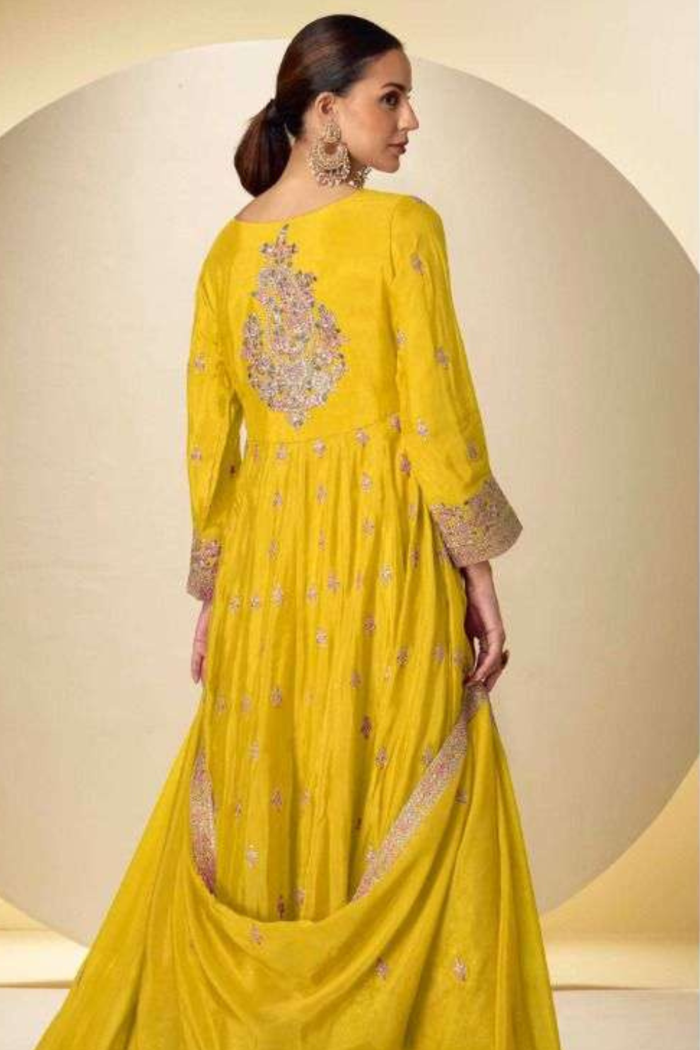 Yellow Real Chinnon Embroidered Silk Anarkali Suit