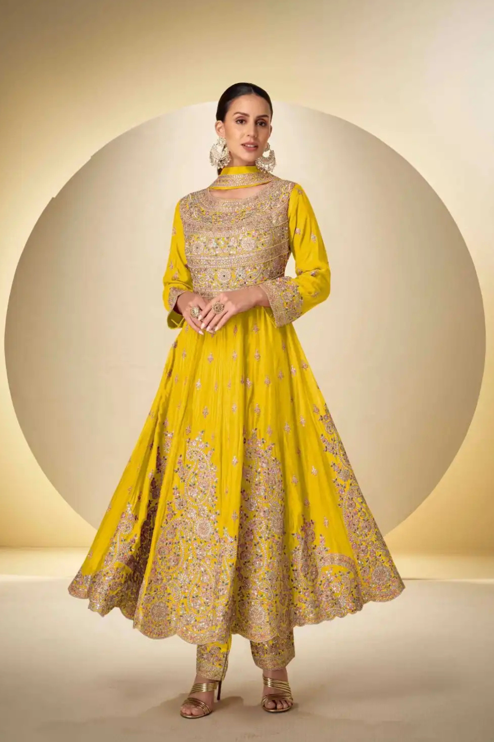 Yellow Real Chinnon Embroidered Silk Anarkali Suit