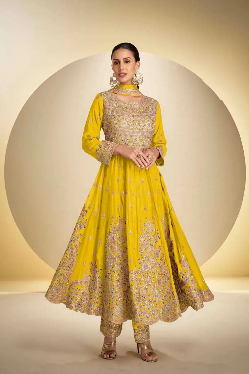 Yellow Real Chinnon Embroidered Silk Anarkali Suit