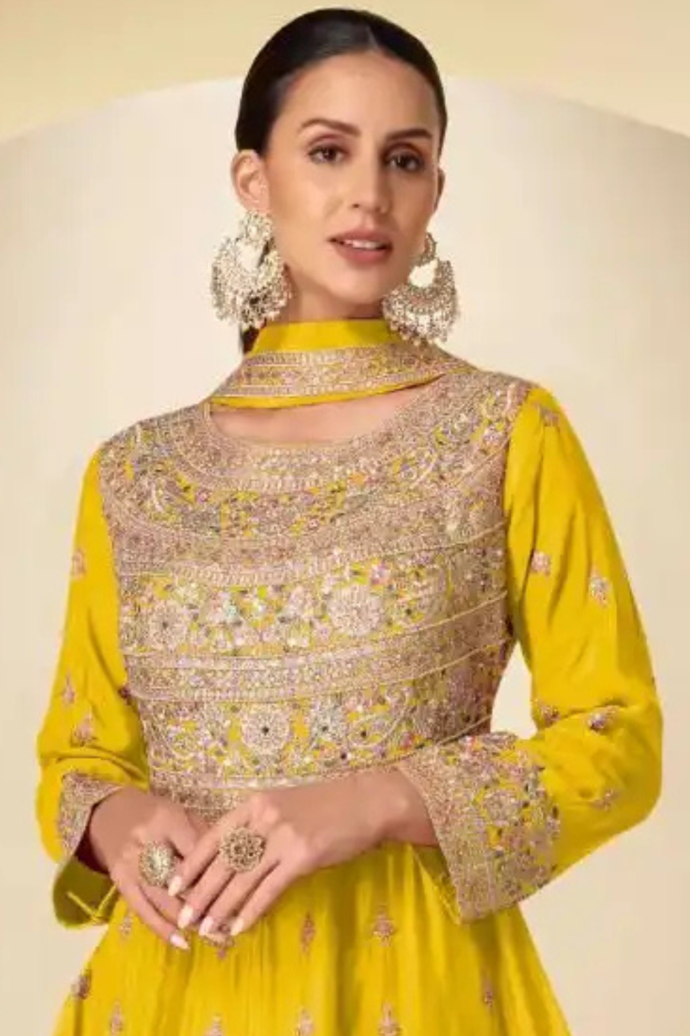 Yellow Real Chinnon Embroidered Silk Anarkali Suit