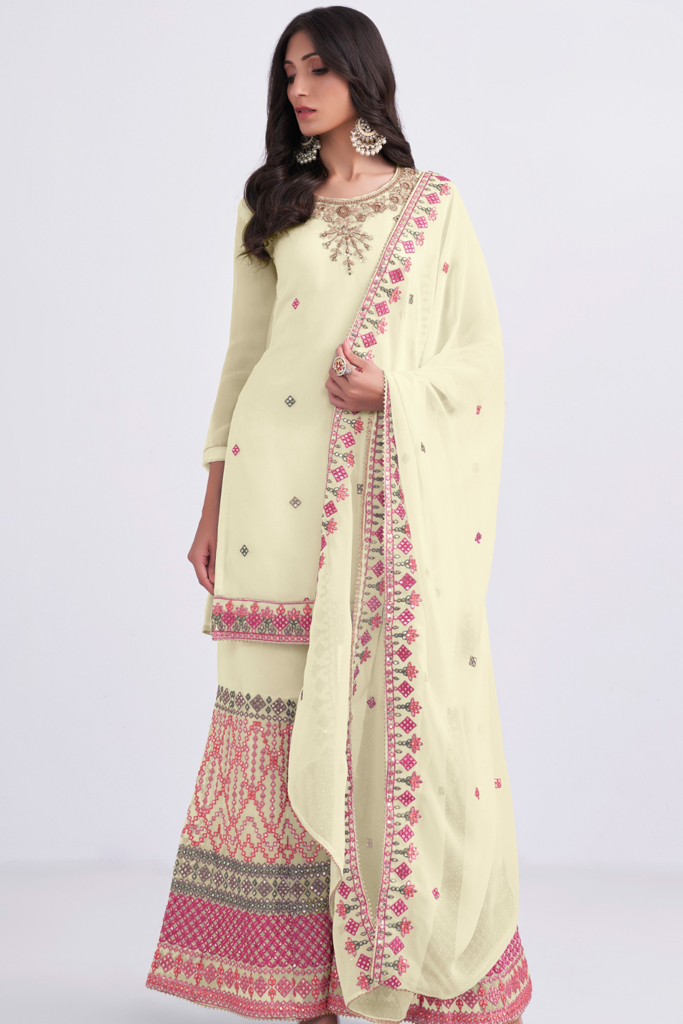 Elegant Peach Thread Embroidered Sharara Suit in Georgette