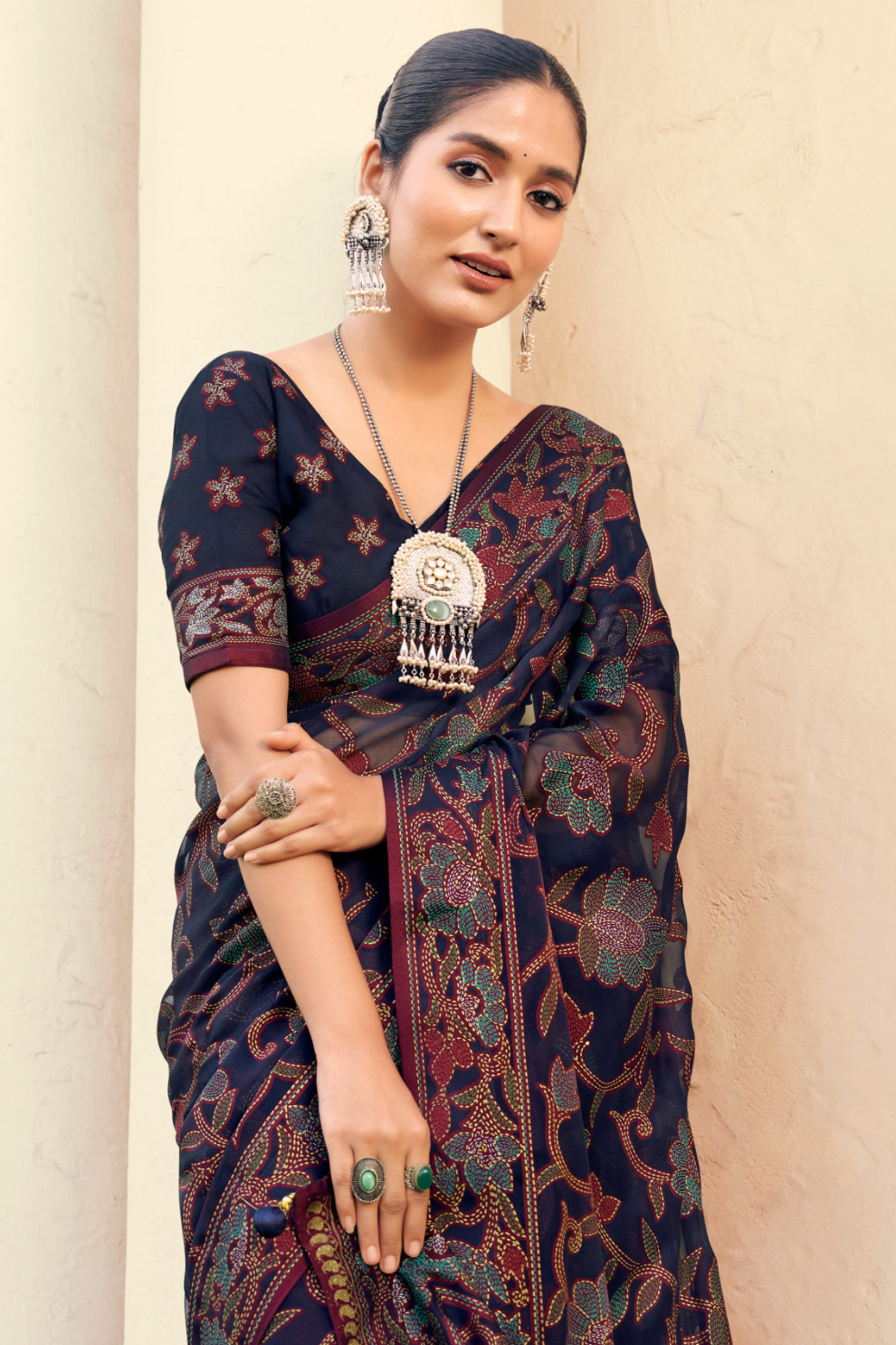 Polyester Viscose Georgette Saree With Luxuriously Soft Varnish Touch