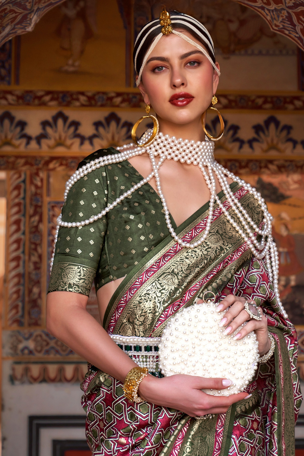 Designer Mercerized Silk Saree with Ajrakh-Batik Fusion and Golden Print