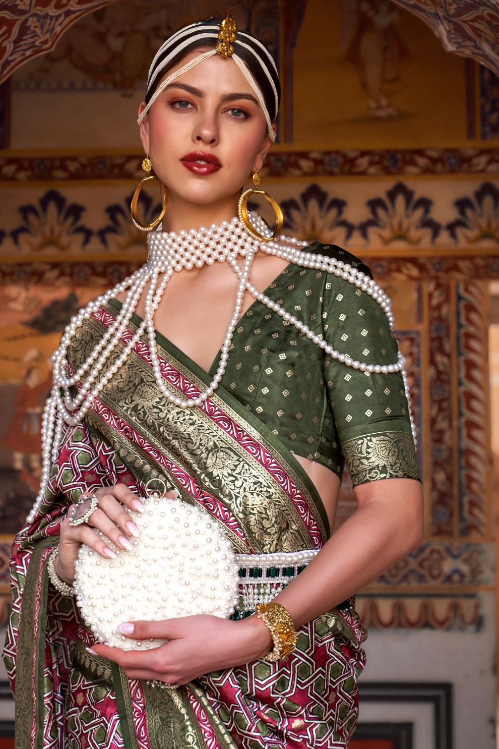 Designer Mercerized Silk Saree with Ajrakh-Batik Fusion and Golden Print