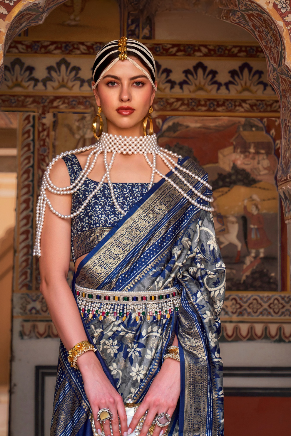 Designer Mercerized Silk Saree with Ajrakh-Batik Fusion and Golden Print