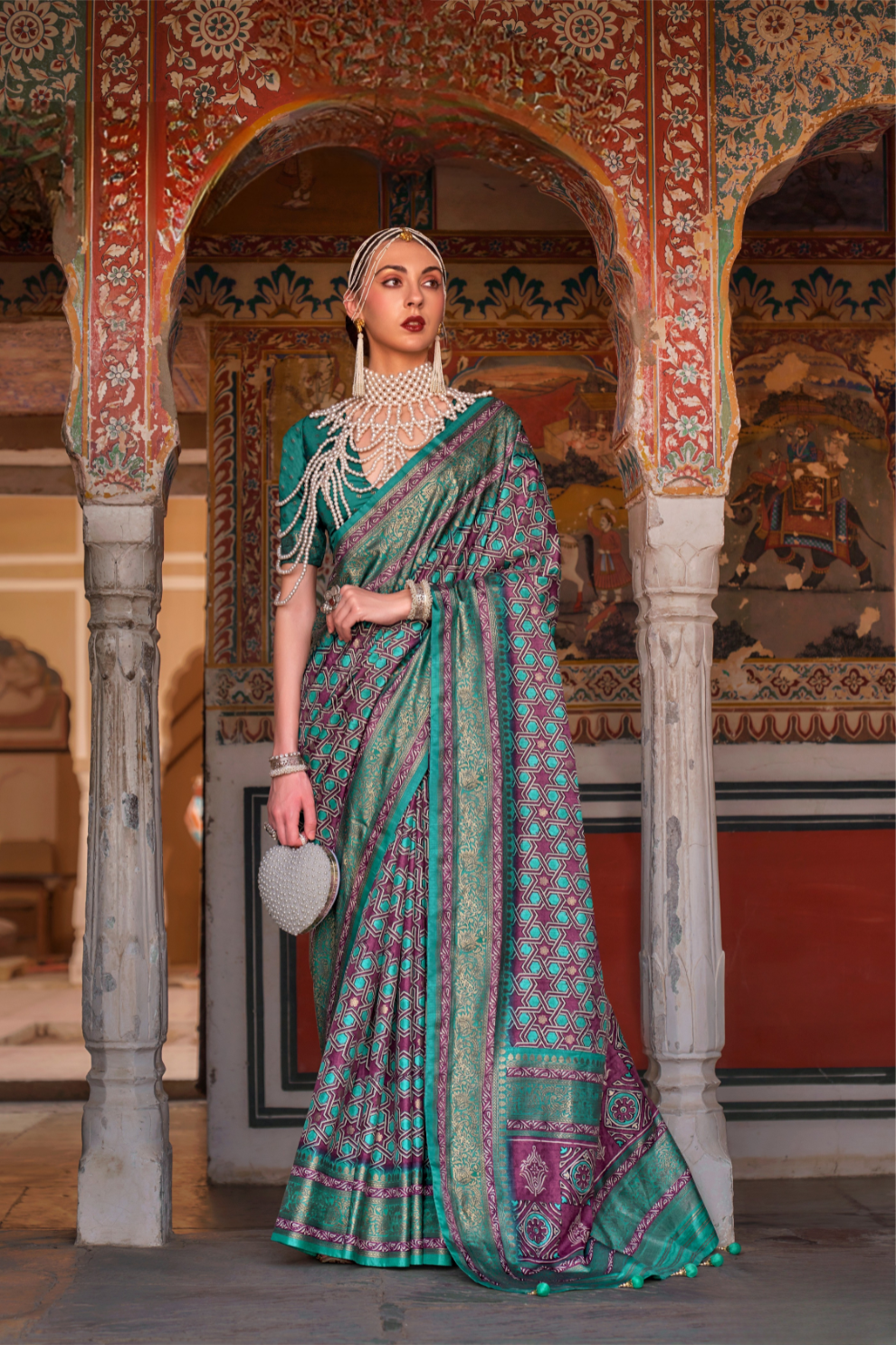 Designer Mercerized Silk Saree with Ajrakh-Batik Fusion and Golden Print