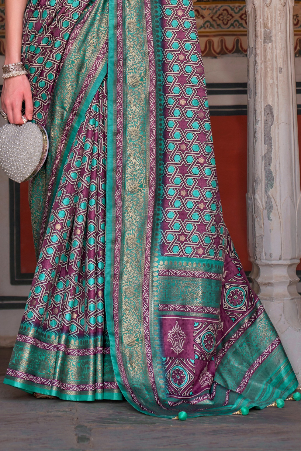 Designer Mercerized Silk Saree with Ajrakh-Batik Fusion and Golden Print