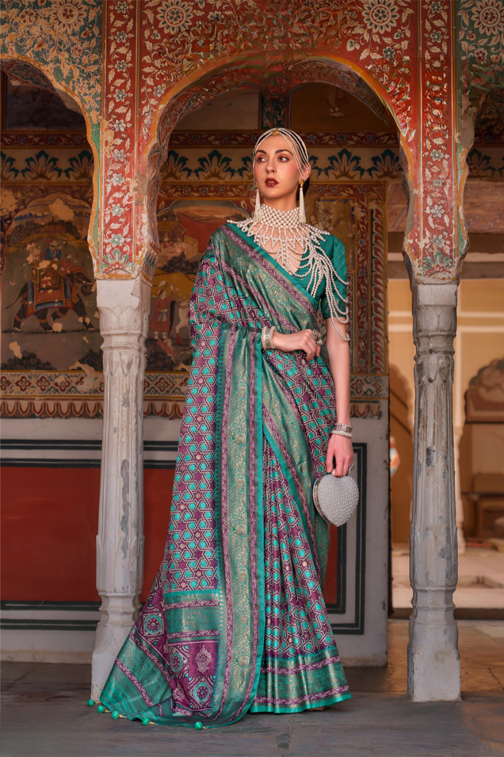 Designer Mercerized Silk Saree with Ajrakh-Batik Fusion and Golden Print