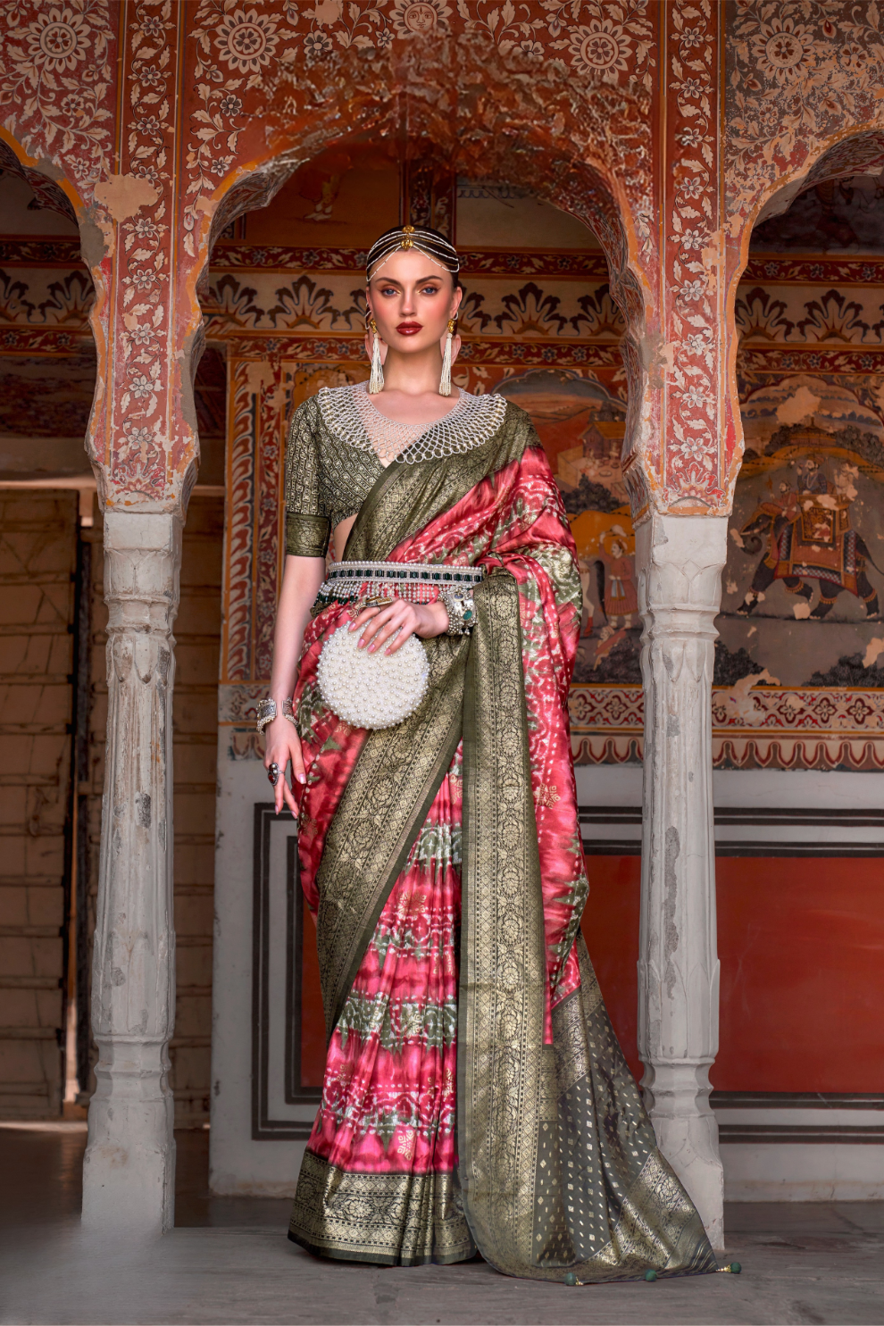 Designer Mercerized Silk Saree with Ajrakh-Batik Fusion and Golden Print
