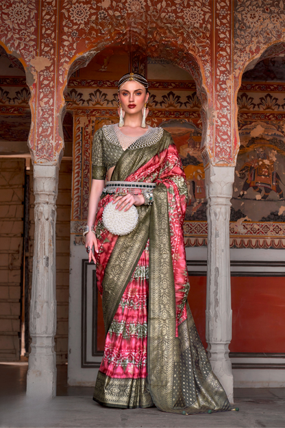 Designer Mercerized Silk Saree with Ajrakh-Batik Fusion and Golden Print