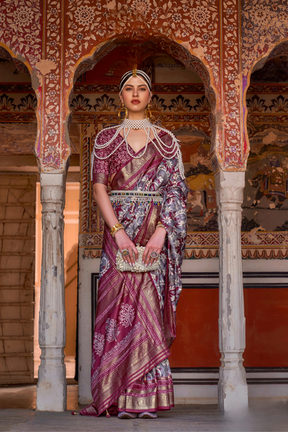Designer Mercerized Silk Saree with Ajrakh-Batik Fusion and Golden Print