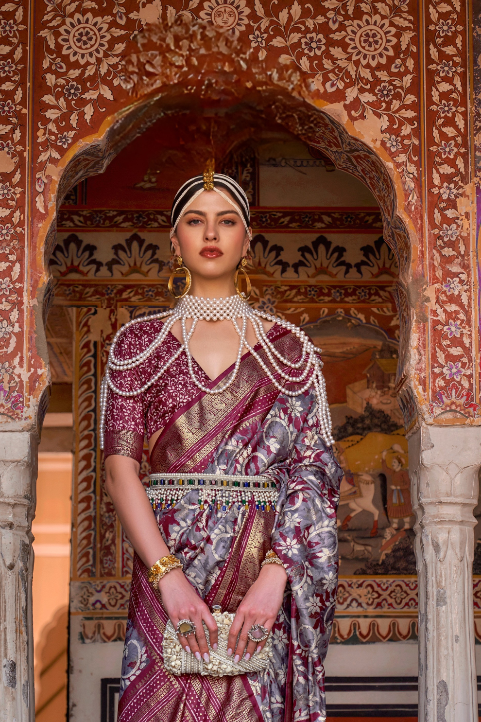 Designer Mercerized Silk Saree with Ajrakh-Batik Fusion and Golden Print