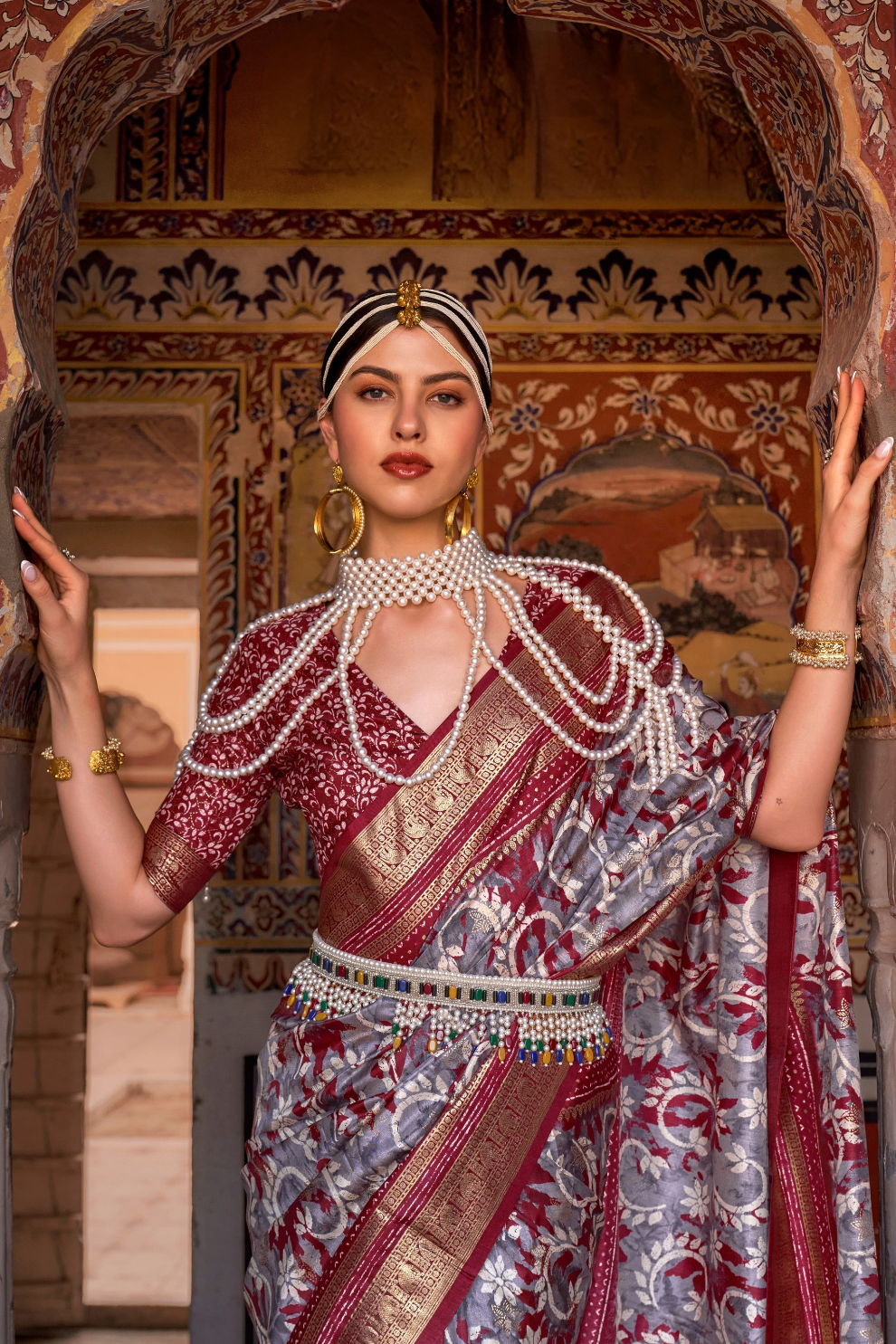 Designer Mercerized Silk Saree with Ajrakh-Batik Fusion and Golden Print