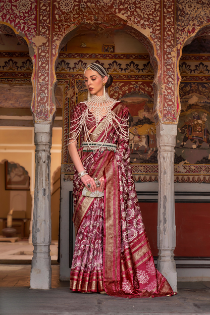 Designer Mercerized Silk Saree with Ajrakh-Batik Fusion and Golden Print