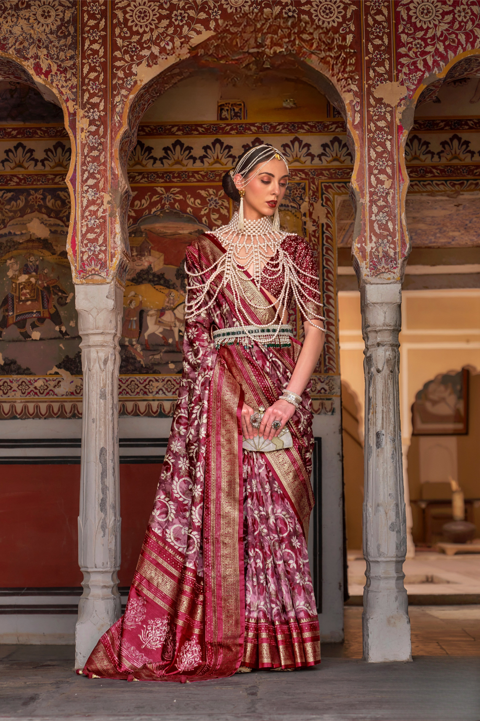 Designer Mercerized Silk Saree with Ajrakh-Batik Fusion and Golden Print