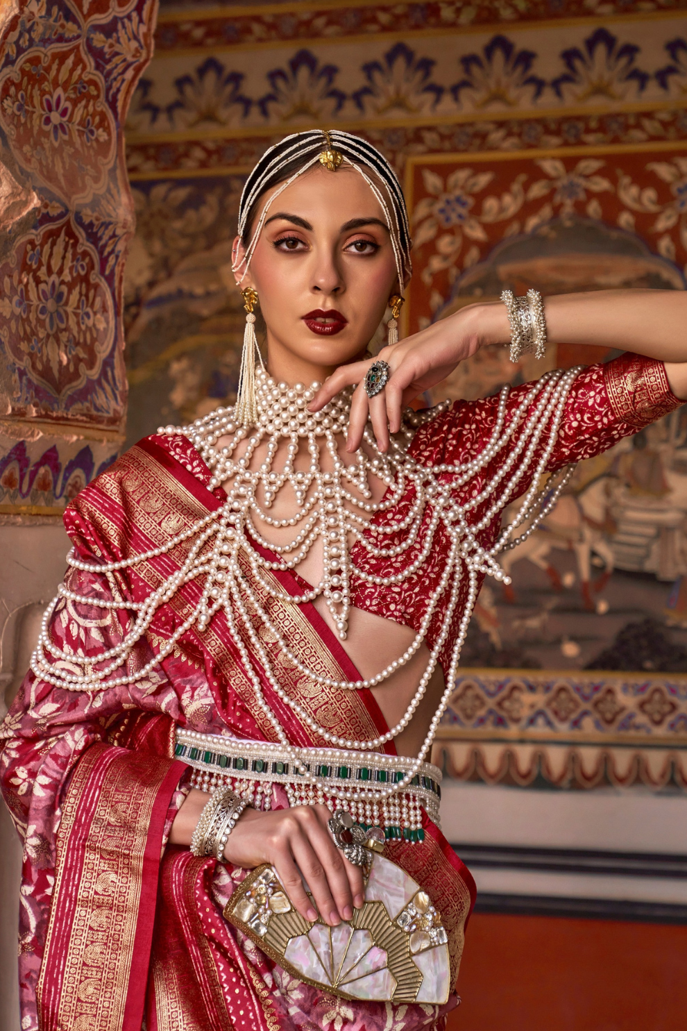 Designer Mercerized Silk Saree with Ajrakh-Batik Fusion and Golden Print