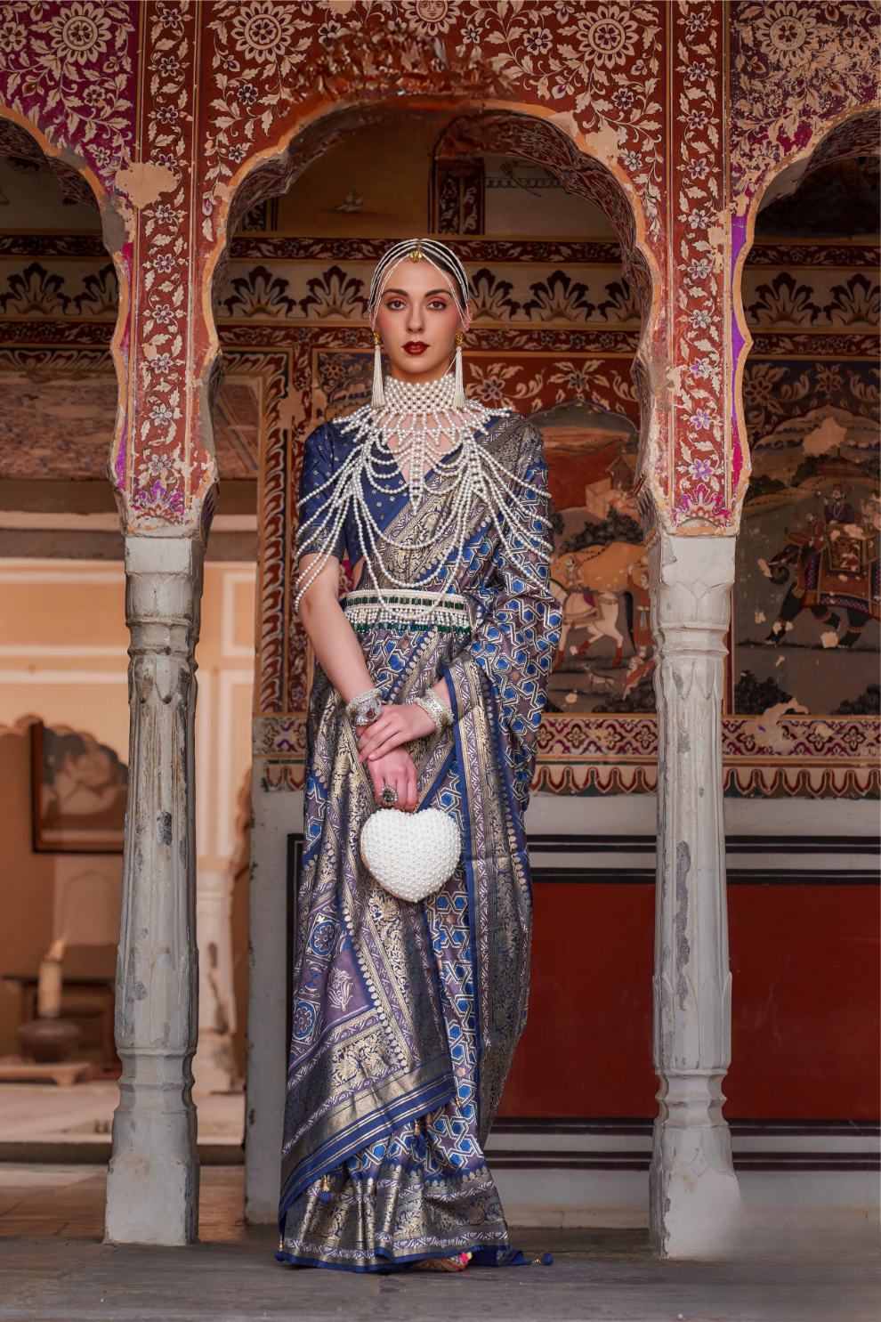 Designer Mercerized Silk Saree with Ajrakh-Batik Fusion and Golden Print